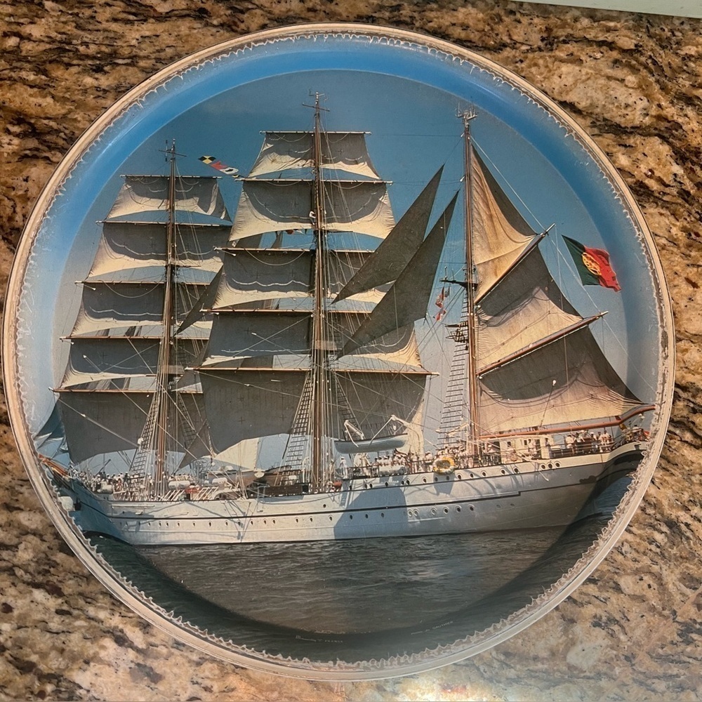 Vintage round metal service tray with sailboat picture by Jo Gauthier
